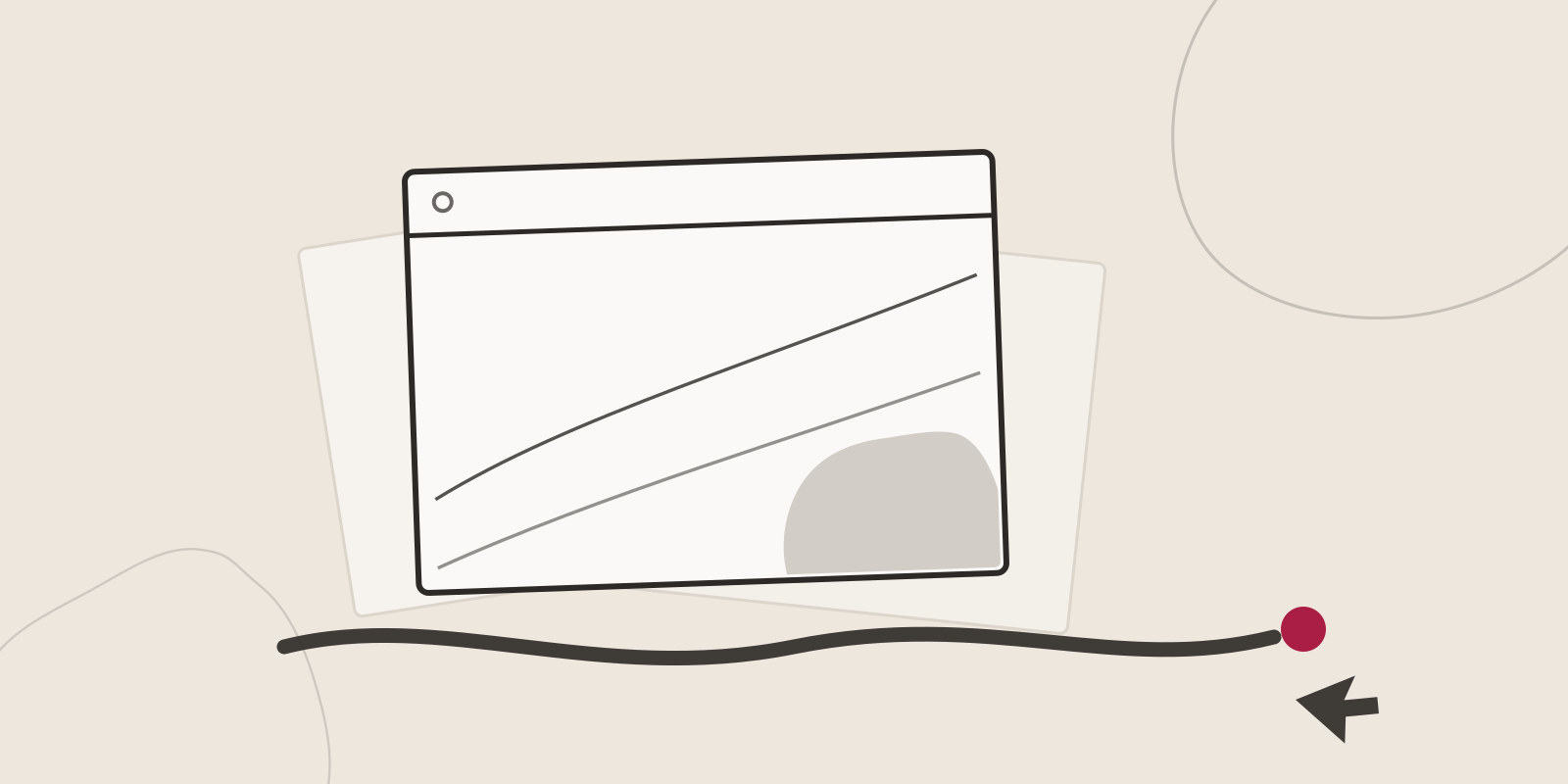 Hand-drawn illustration of a browser window showing an abstract artwork atop tossed canvases, with an ink underline, a cursor arrow, and a red dot